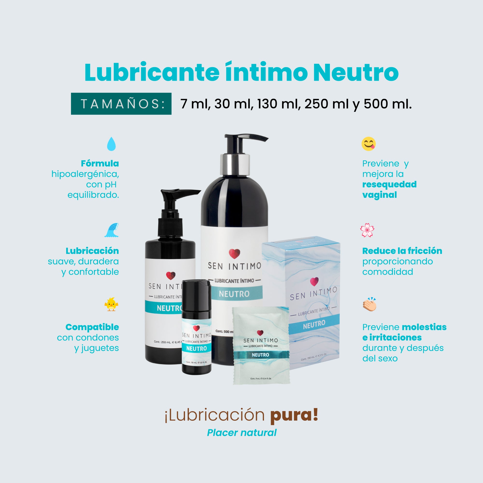 Infografía tamaños: Lubricante Íntimo Neutro Sen Íntimo - tamaños 7ml 30ml 130ml 250ml 500ml hipoalergénico vegano
