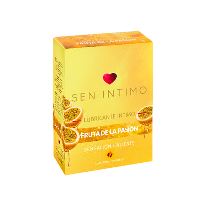 Caja Lubricante Íntimo Fruta de la Pasión Sen Íntimo 30ml, sensación caliente, color amarillo, fondo blanco
