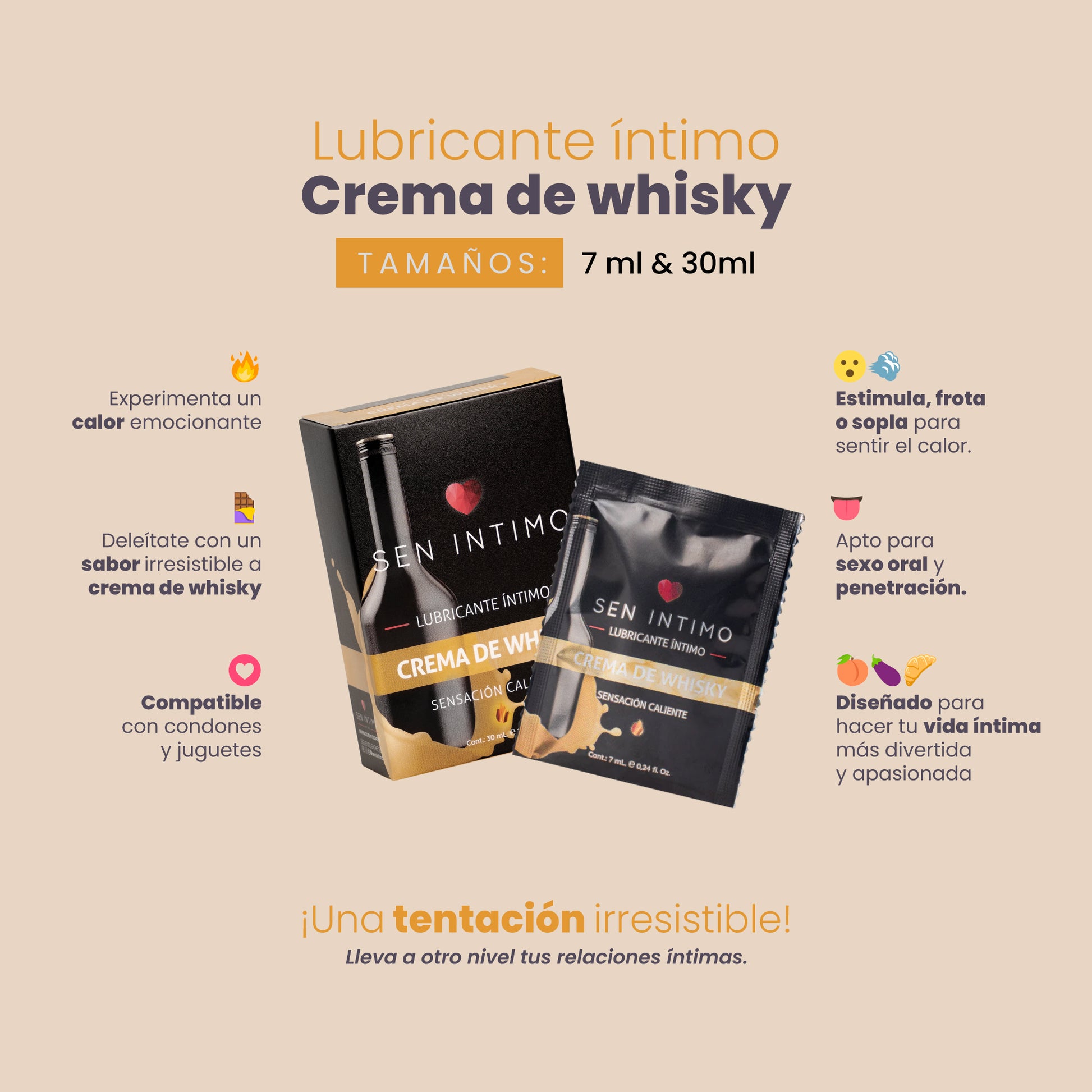 Lubricante Intimo Crema de Whisky beneficios 7ml y 30ml