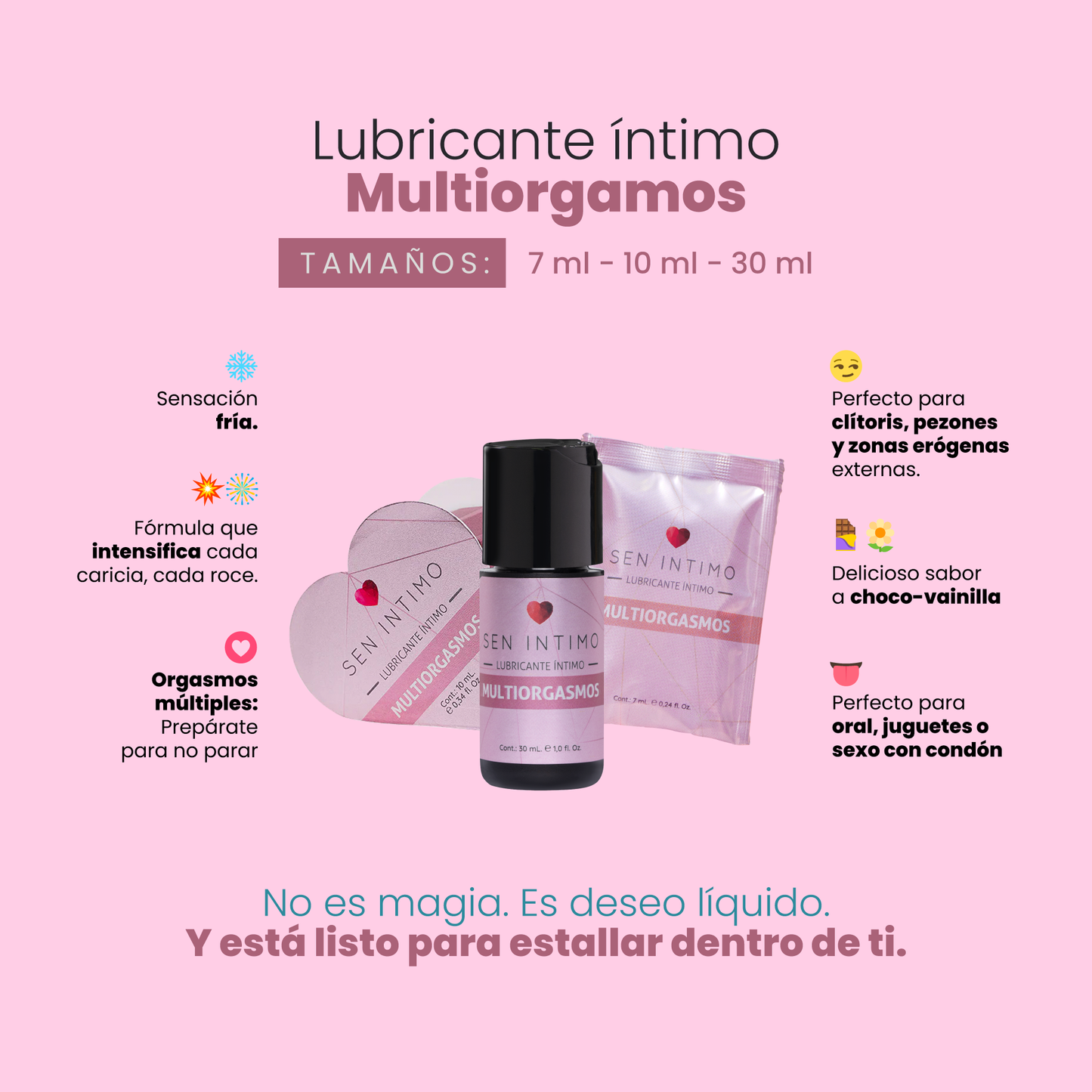 Lubricante Multiorgasmos Sen Íntimo beneficios base de agua vegano sin parabenos disponible en 7ml, 10ml y 30ml