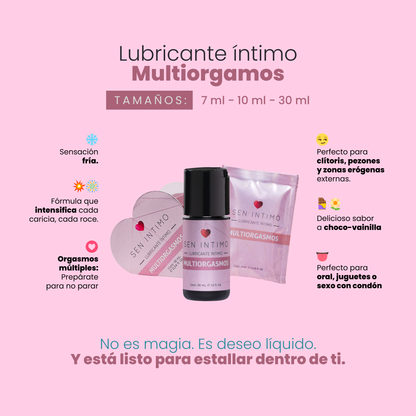 Lubricante Multiorgasmos Sen Íntimo beneficios base de agua vegano sin parabenos disponible en 7ml, 10ml y 30ml