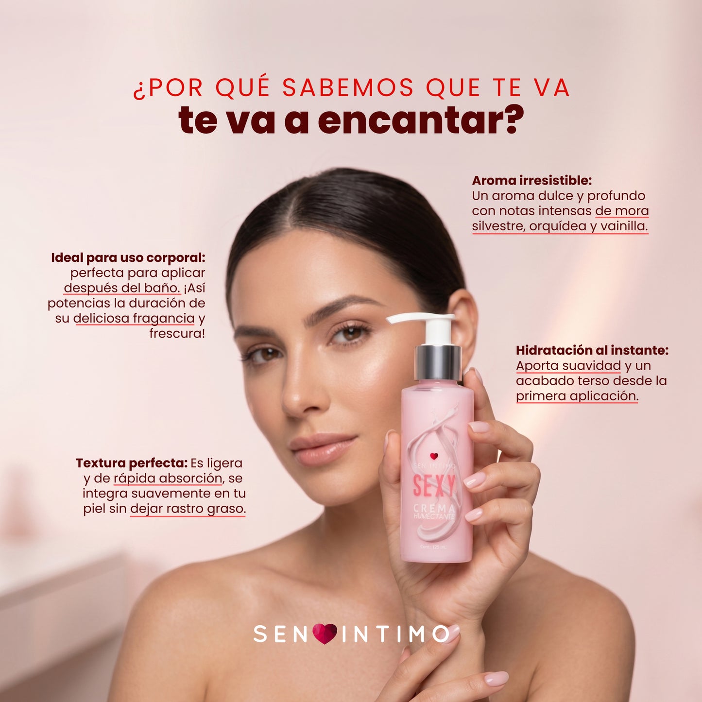 Modelo sosteniendo Crema Humectante Sexy con Attract 125ml Sen Íntimo – aroma irresistible a mora silvestre, orquídea y vainilla