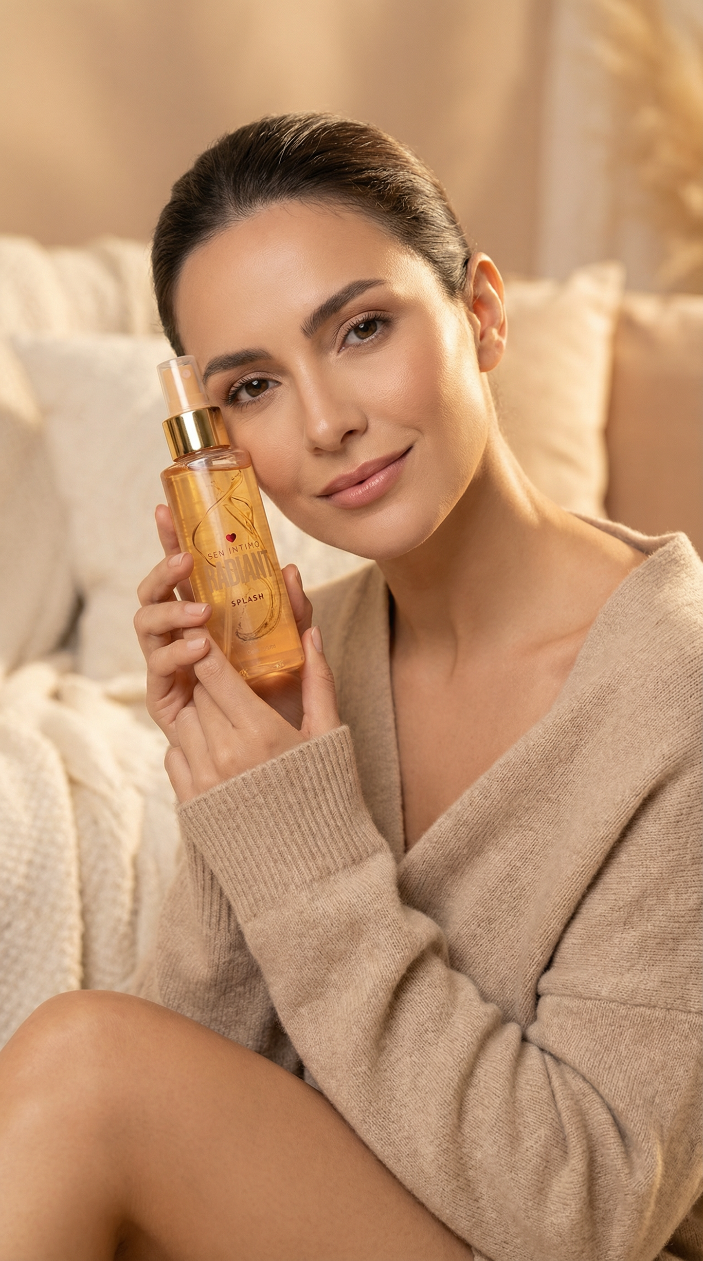 Splash Radiant Sen Íntimo - modelo sosteniendo frasco dorado foto publicitaria elegante ambiente acogedor
