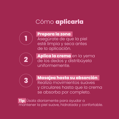 Modo de uso Crema Humectante Seduction Sen Íntimo: prepara la zona, aplica la crema y masajea hasta su absorción