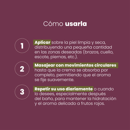 Modo de uso Crema Humectante Attract Sen Íntimo: aplicar sobre piel limpia, masajear con movimientos circulares y repetir diariamente para mantener hidratación y aroma a frutos rojos
