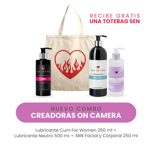 Combo Creadoras on Camera Sen Íntimo - Lubricante Neutro 500ml, Cum For Women 250ml, Milk Facial 250ml y Totebag gratis