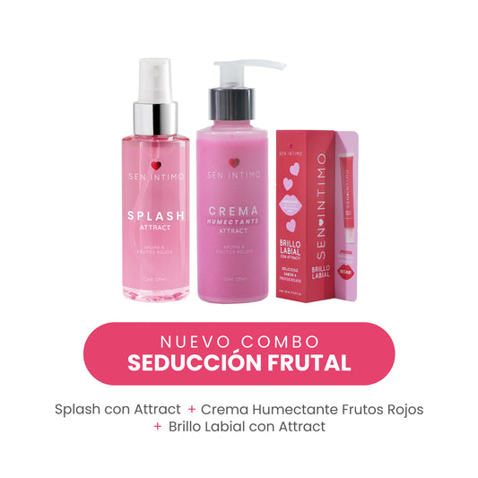 Combo Seducción Frutal Sen Íntimo - Splash Corporal Attract, Crema Humectante y Brillo Labial Frutos Rojos