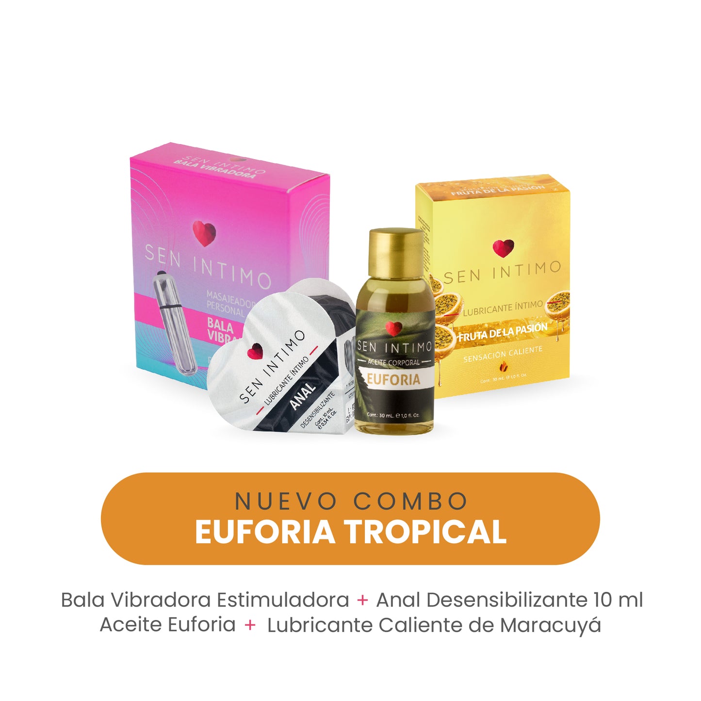 Combo Euforia Tropical | Bala Vibradora + Anal Desensibilizante + Aceite Euforia + Lubricante Maracuyá