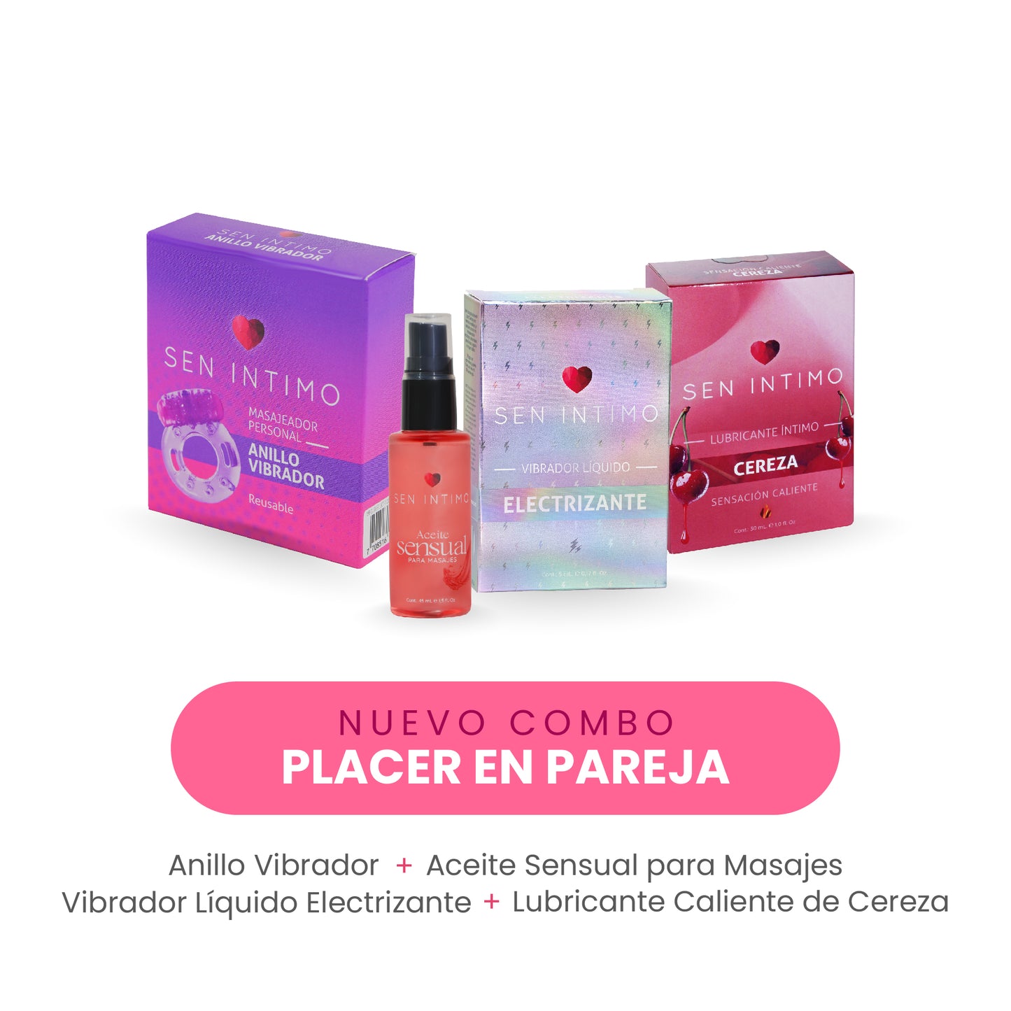 Combo Placer en Pareja | Anillo Vibrador + Aceite Sensual + Vibrador Líquido + Lubricante Cereza