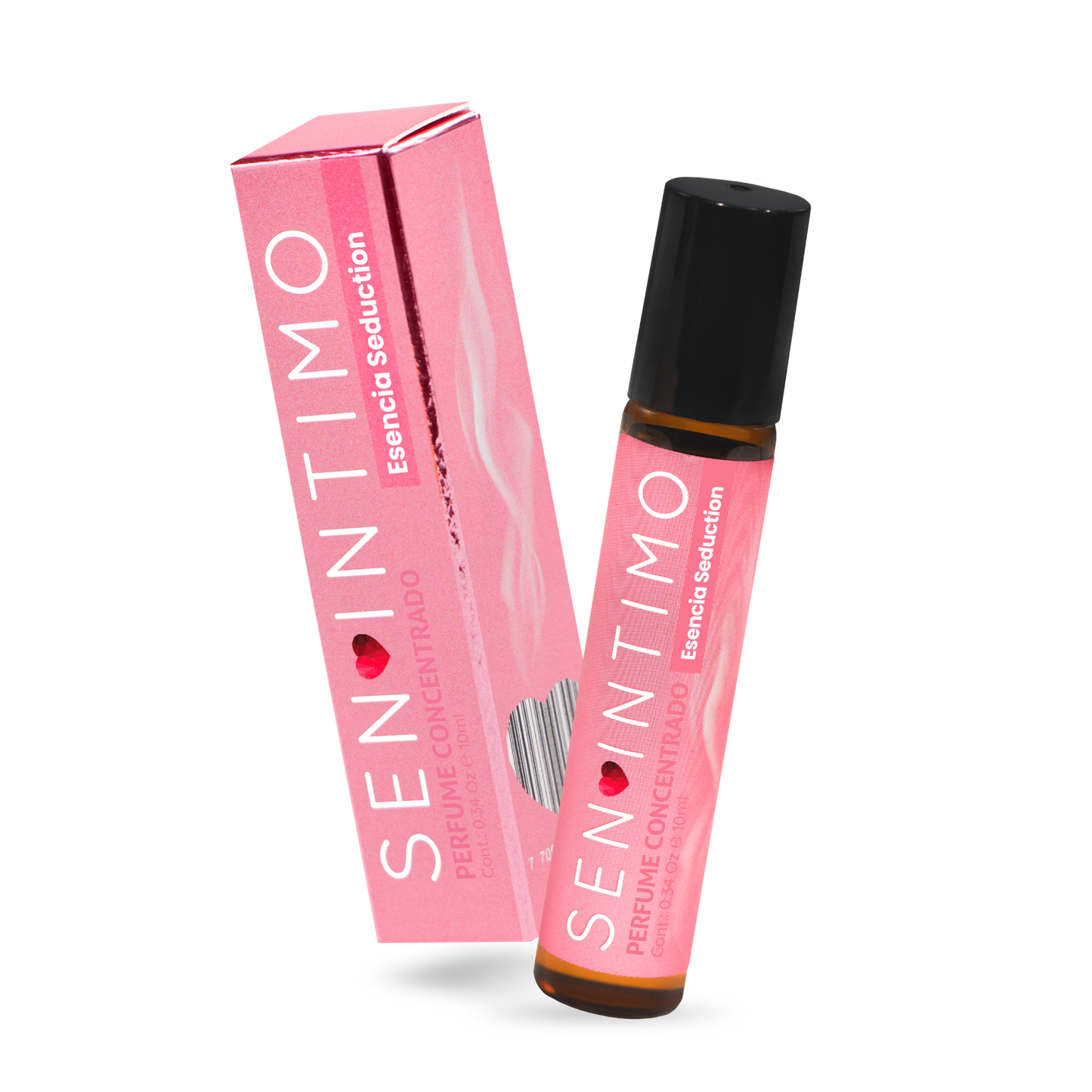 Perfume Attract Esencia Seduction para Mujer Roll-On Sen Íntimo - caja y frasco roll-on rosa fondo blanco
