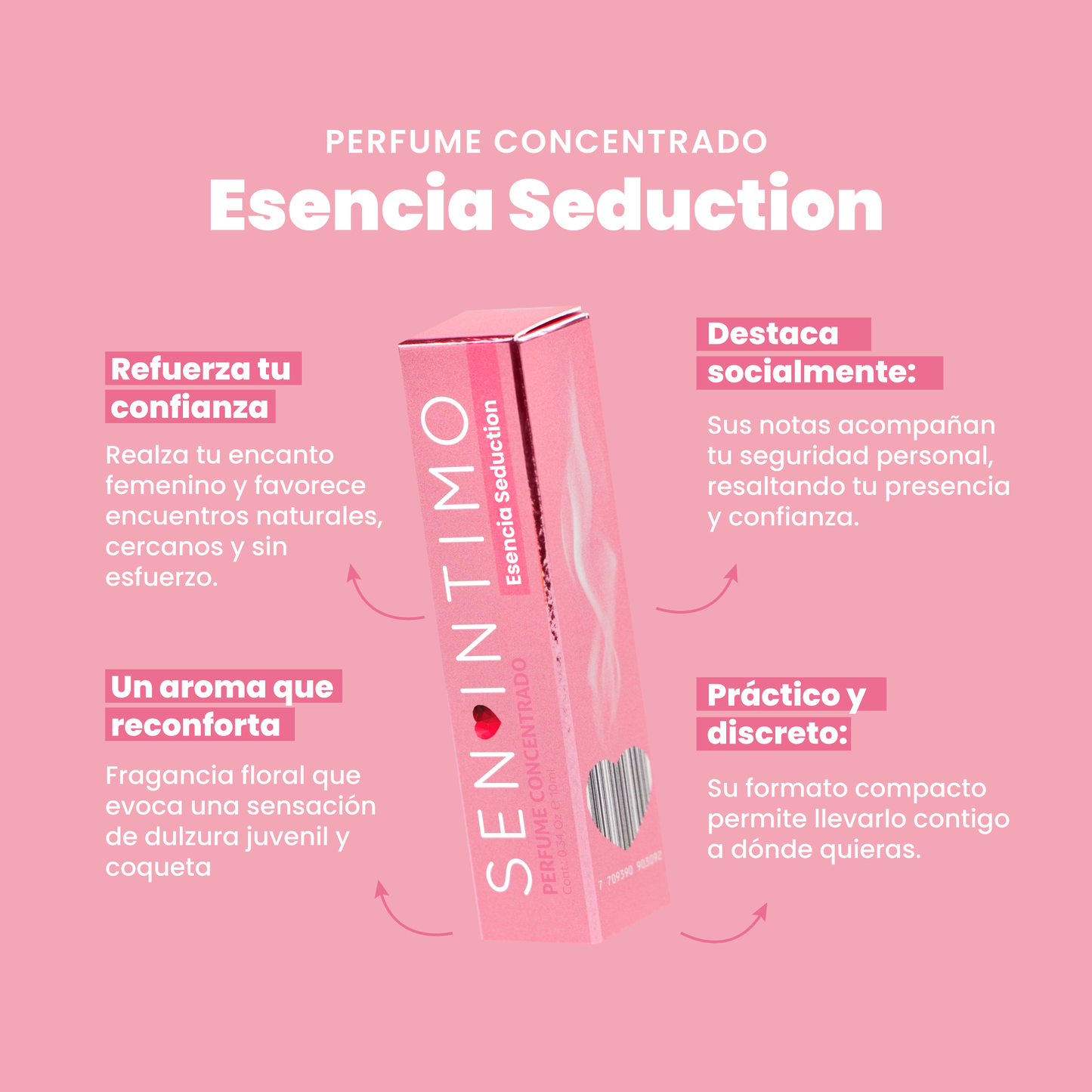 Perfume Attract Esencia Seduction para Mujer Roll-On Sen Íntimo - 4 beneficios caja rosa fucsia 10ml