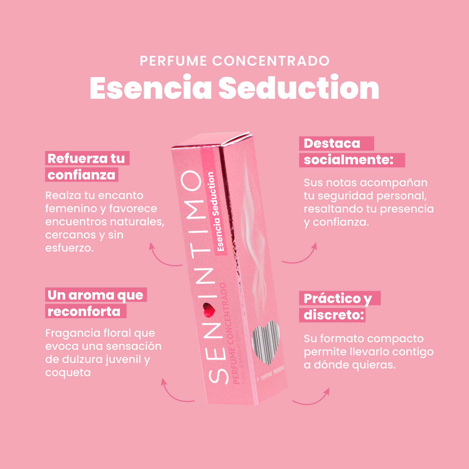 Perfume Attract Esencia Seduction para Mujer Roll-On Sen Íntimo - 4 beneficios caja rosa fucsia 10ml