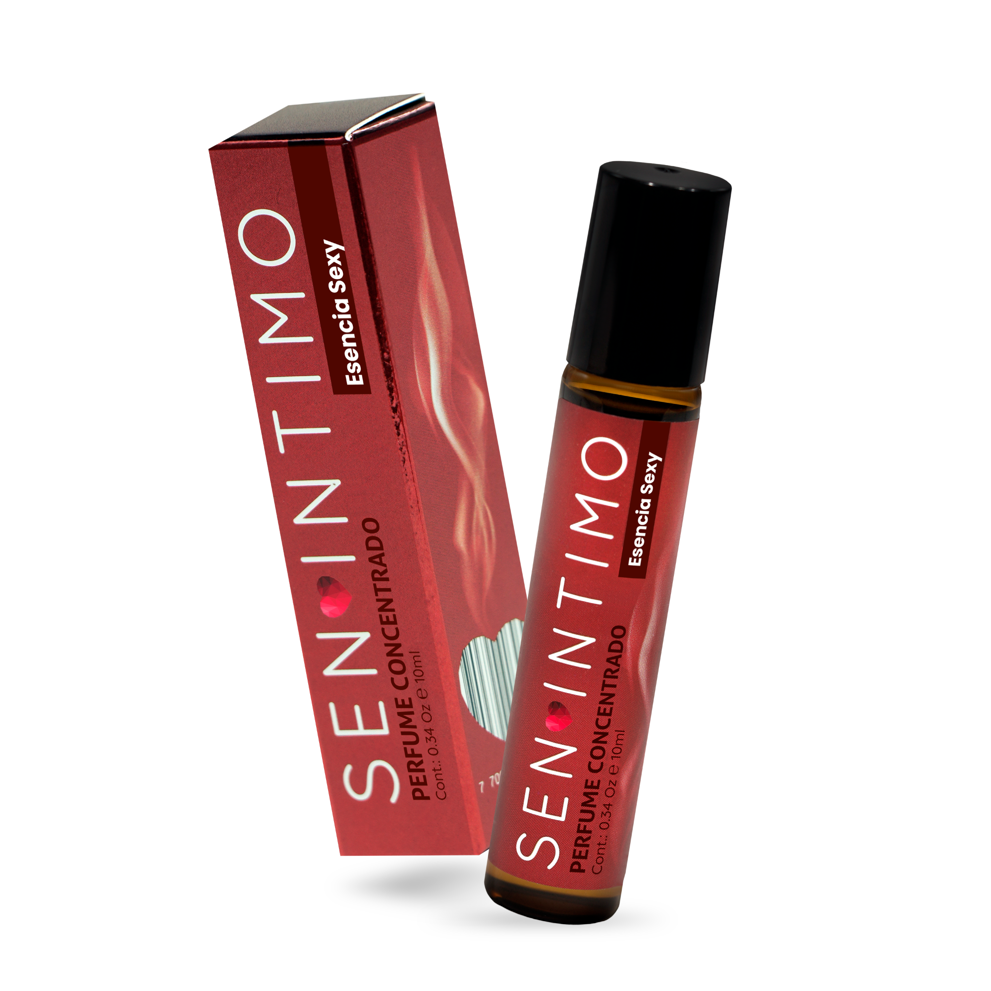 Perfume Attract Esencia Sexy para Mujer Roll-On Sen Íntimo - caja y frasco roll-on rojo vino fondo blanco