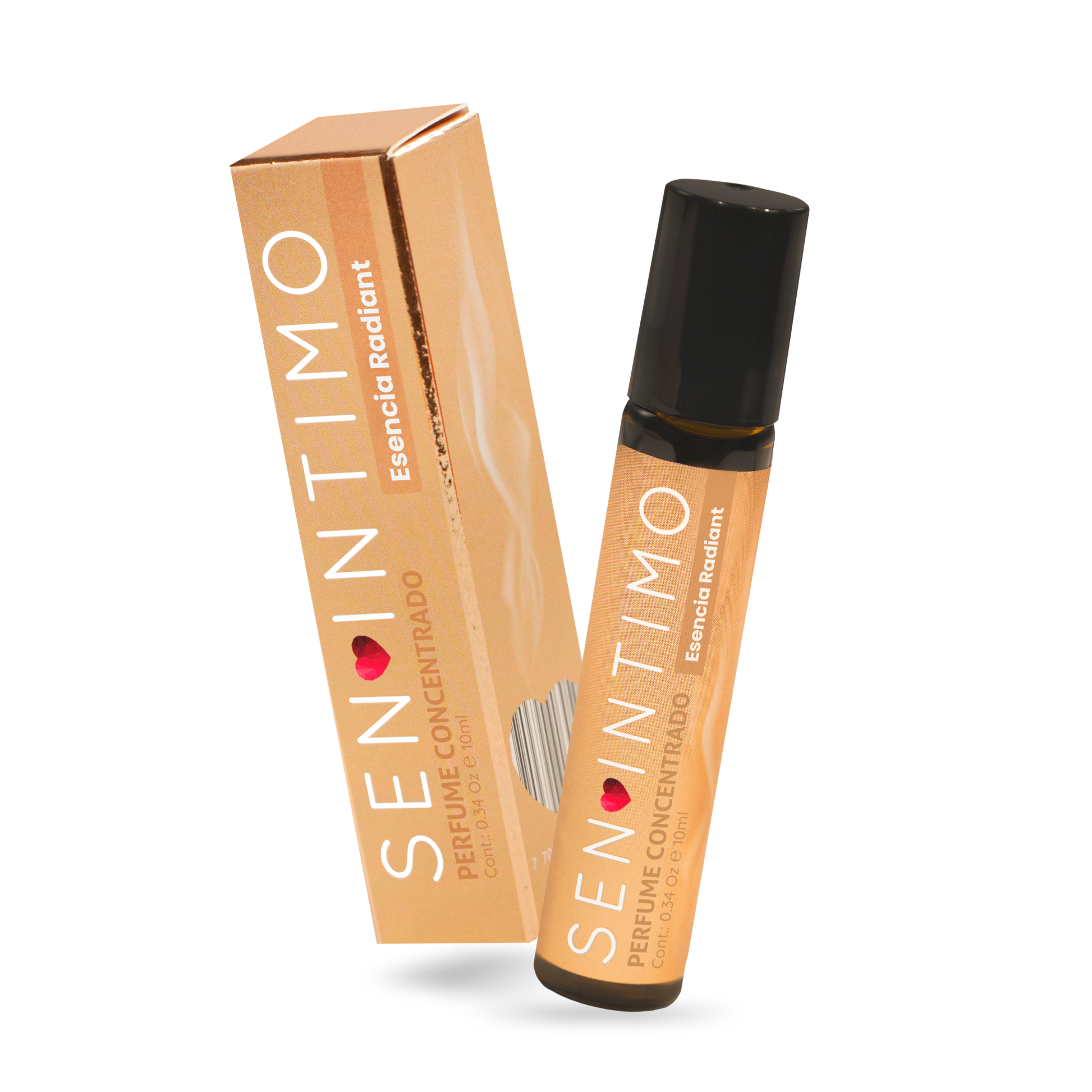 Perfume Attract Esencia Radiant para Mujer Roll-On Sen Íntimo - caja y frasco dorado 10ml fondo blanco