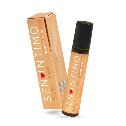 Perfume Attract Esencia Radiant para Mujer Roll-On Sen Íntimo - caja y frasco dorado 10ml fondo blanco