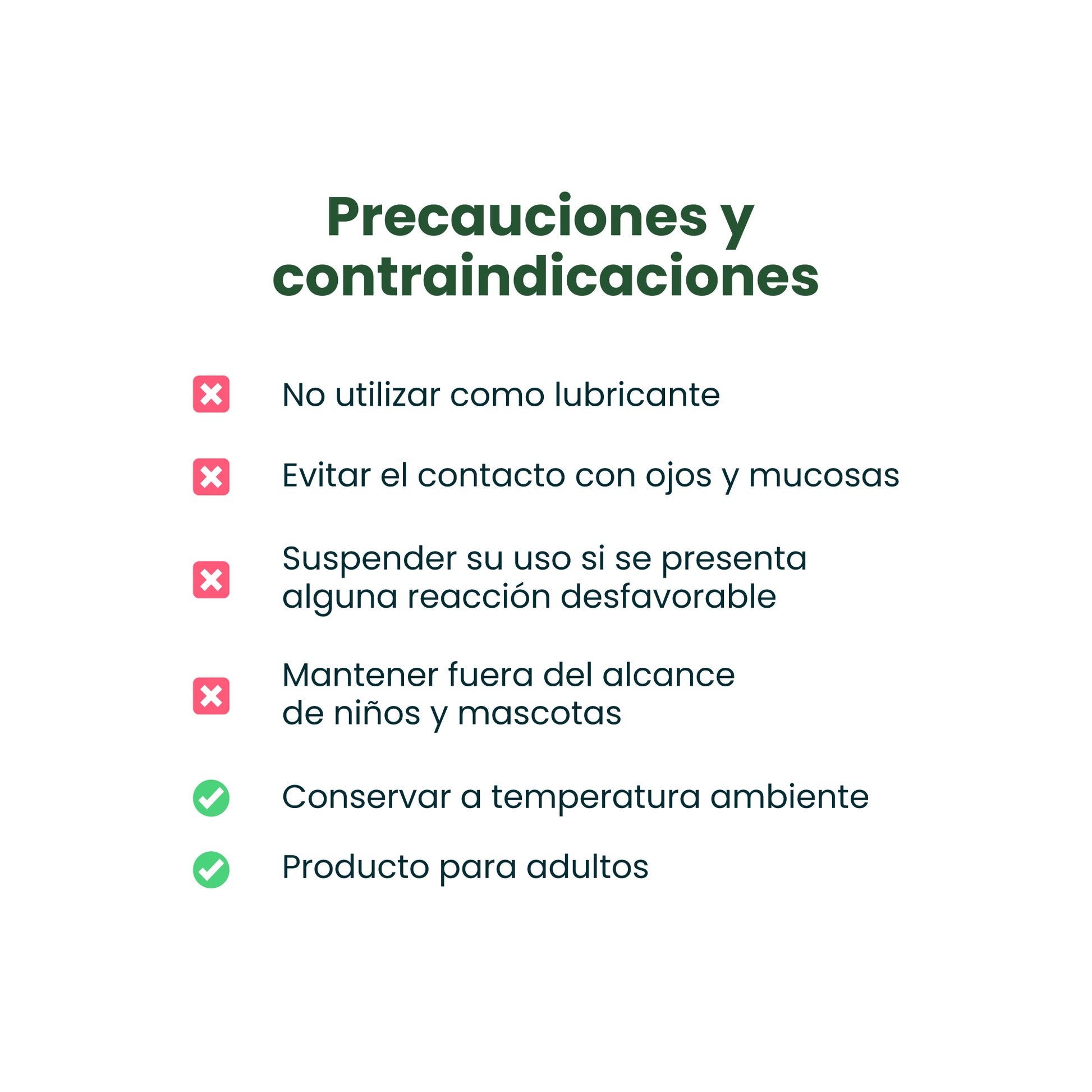 Precauciones del Aceite Euforia Sen Íntimo - No usar como lubricante, evitar contacto con ojos y mucosas, conservar a temperatura ambiente