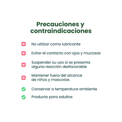Precauciones del Aceite Euforia Sen Íntimo - No usar como lubricante, evitar contacto con ojos y mucosas, conservar a temperatura ambiente