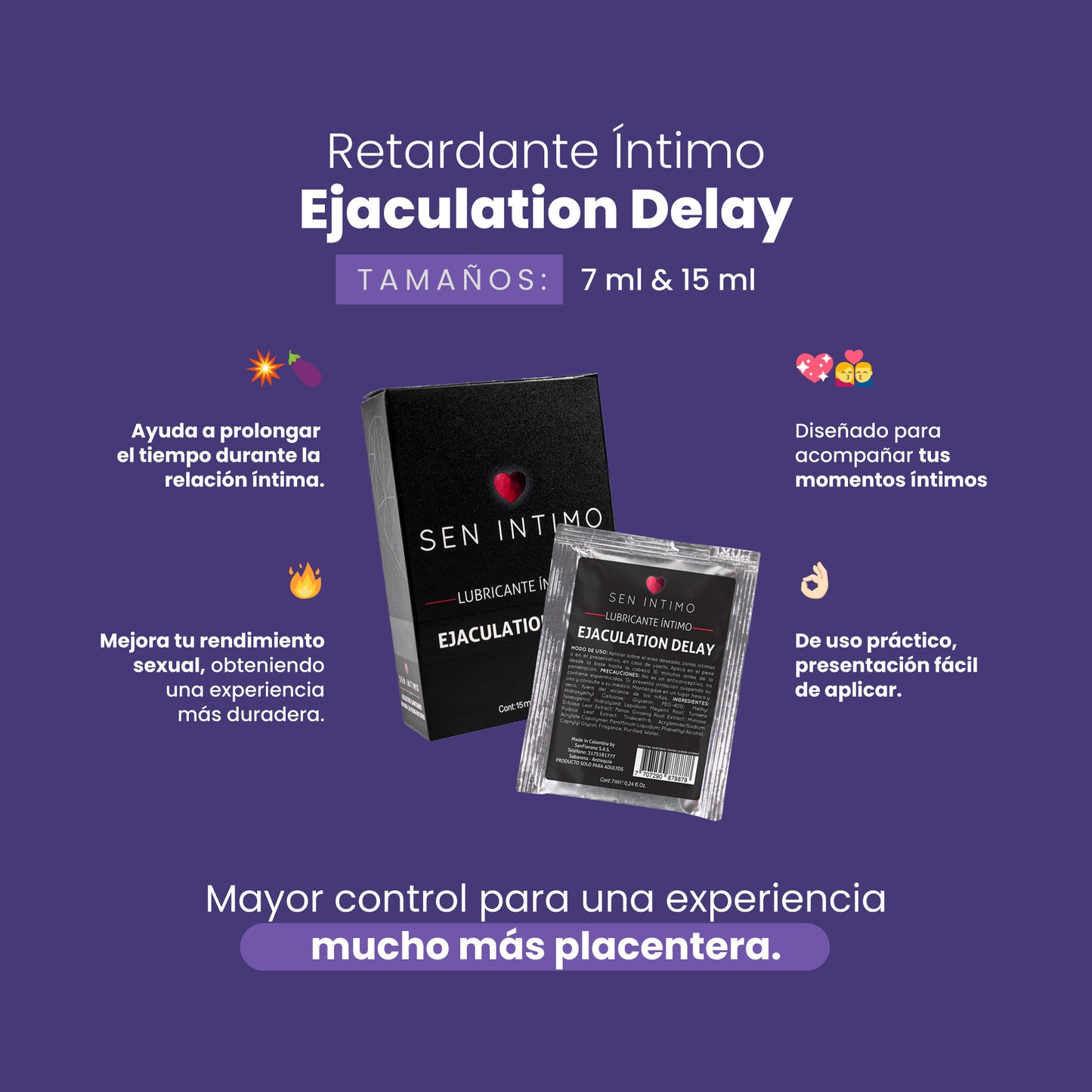 Retardante íntimo Delay Sen Íntimo 7ml y 15ml - beneficios prolonga el placer y mejora el rendimiento sexual