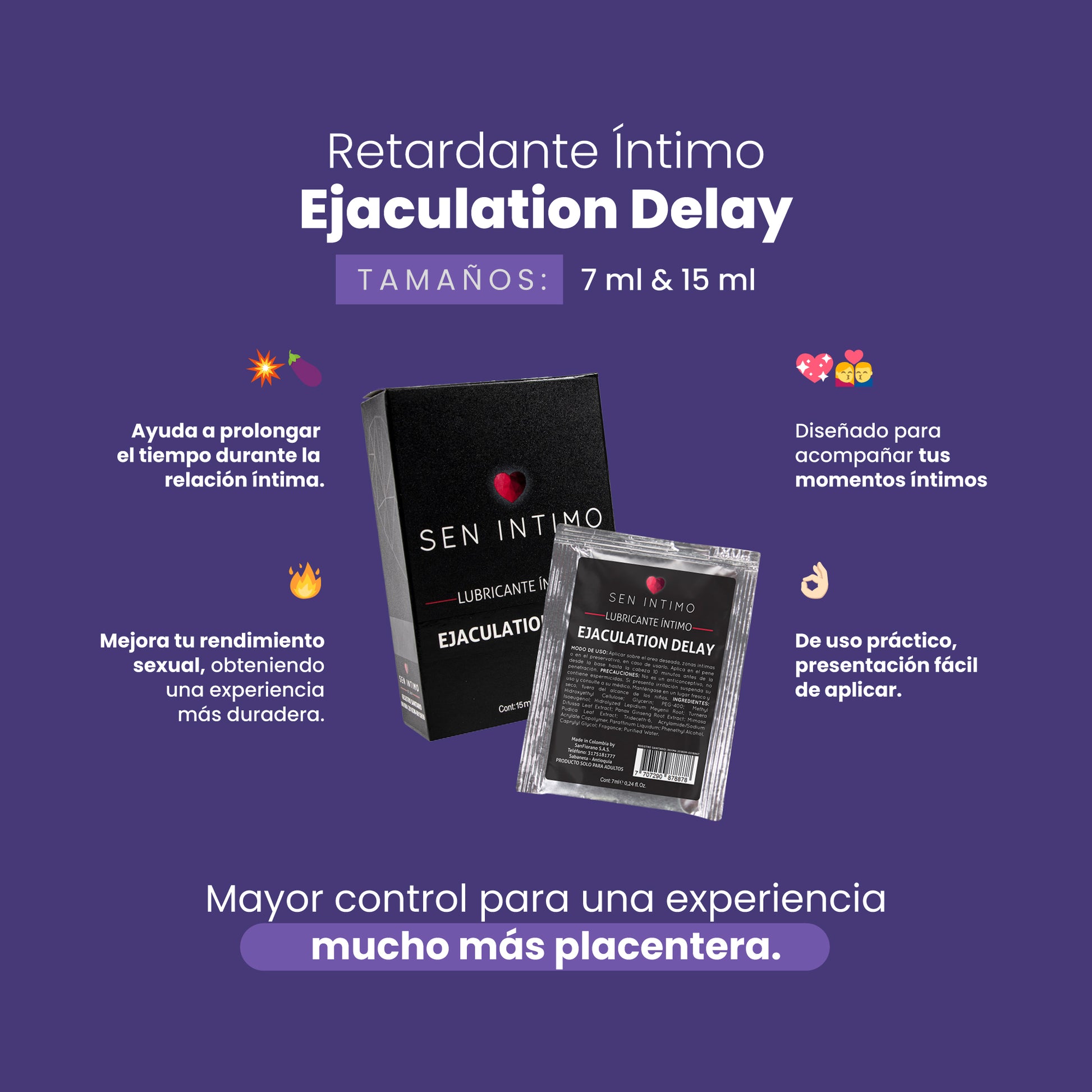 Retardante íntimo Delay Sen Íntimo 7ml y 15ml - beneficios prolonga el placer y mejora el rendimiento sexual