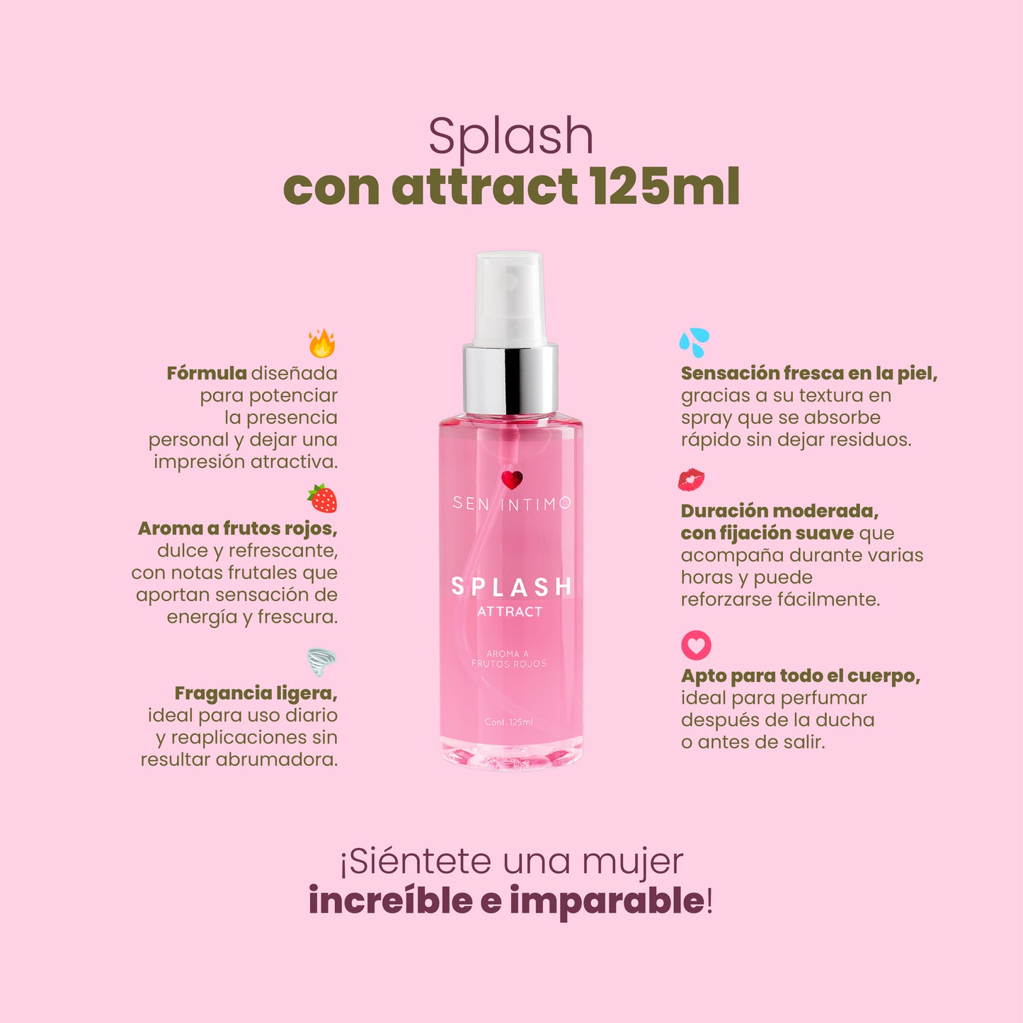 Splash Attract 125ml Sen Íntimo - infografía 6 beneficios aroma frutos rojos fragancia ligera apta todo el cuerpo