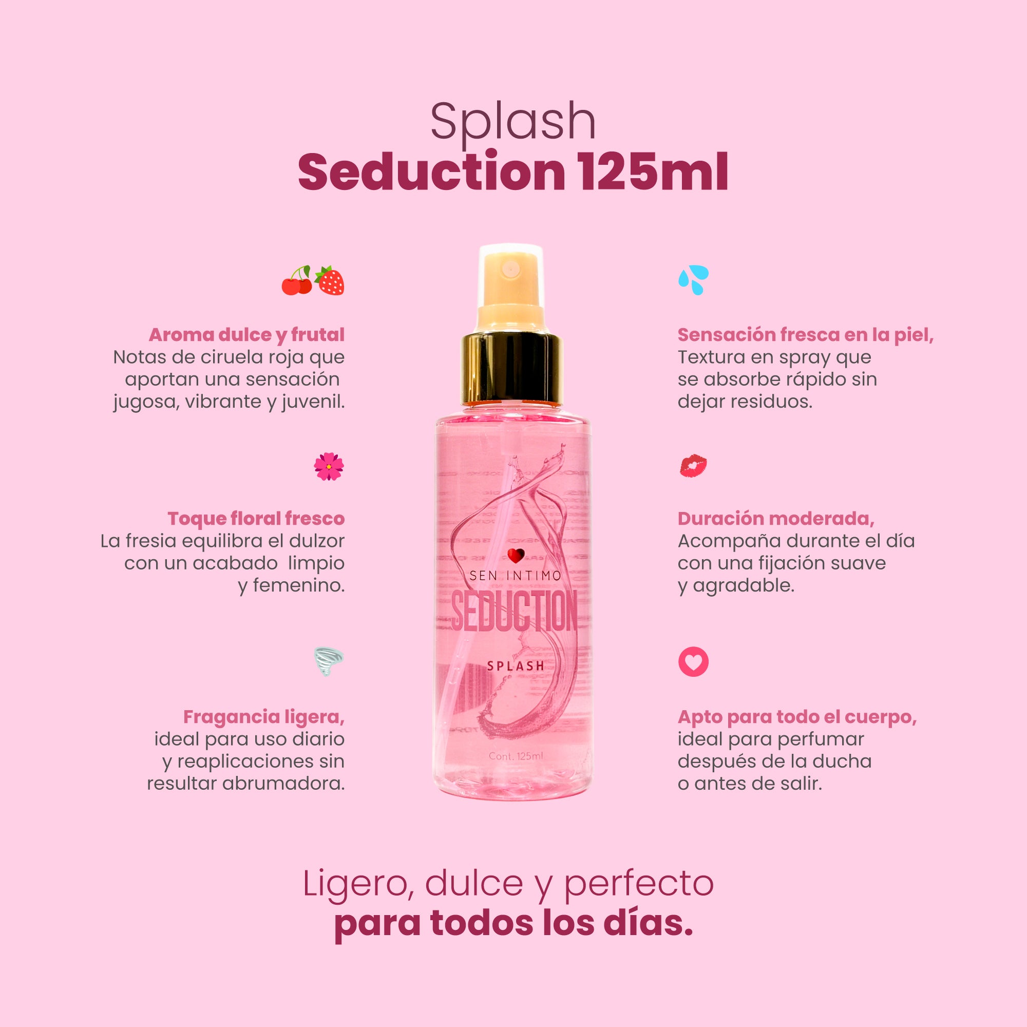 Splash Seduction 125ml Sen Íntimo - infografía 6 beneficios aroma ciruela roja frutos maduros toque melón fresia