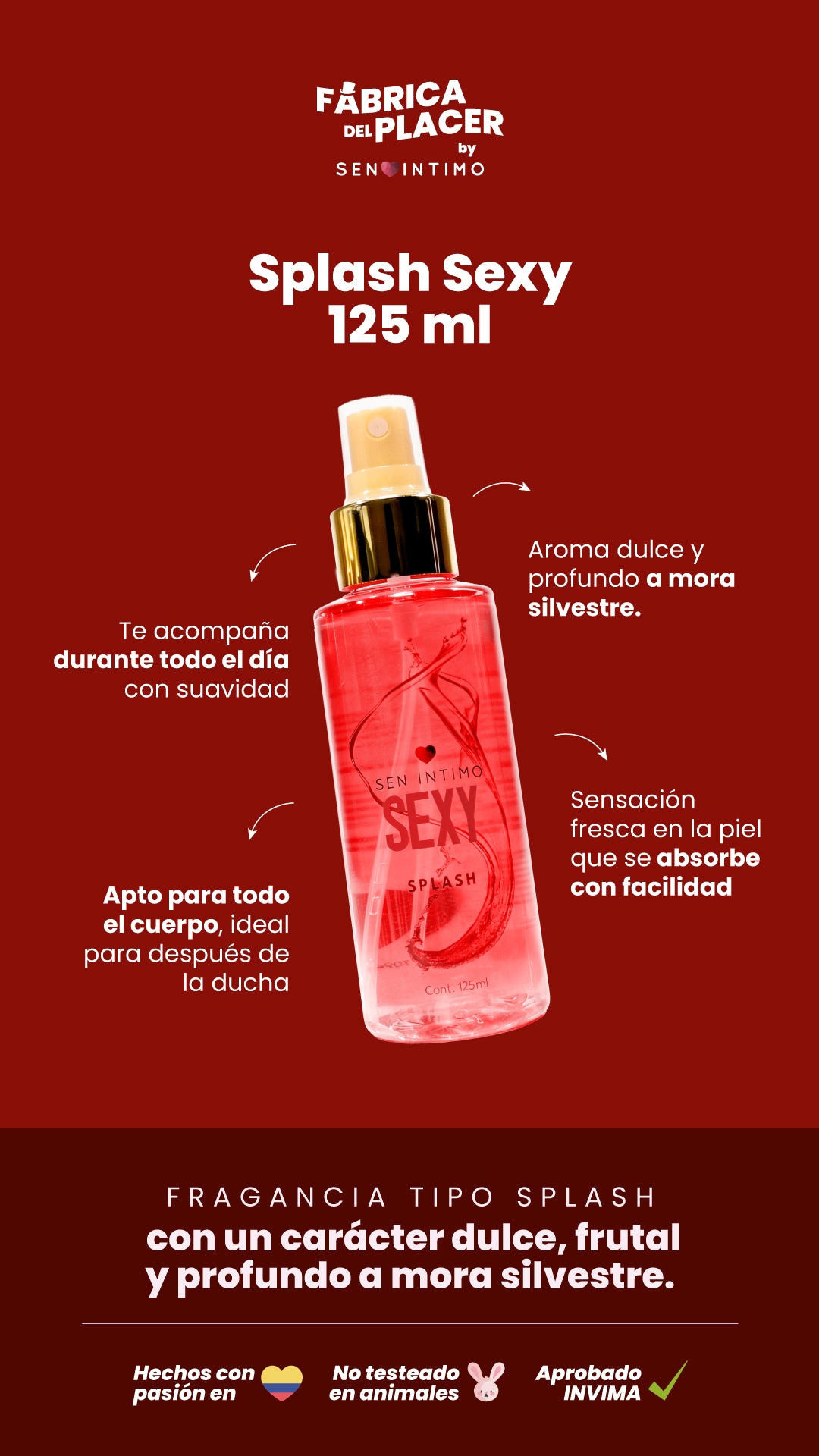 Splash Sexy 125ml Sen Íntimo - historia fragancia cálida dulce frutal mora silvestre aprobado INVIMA
