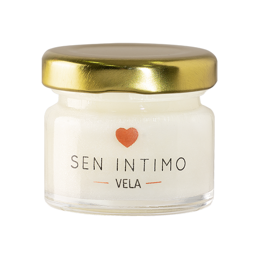 Vela Sensual para Masajes 25ml Sen Íntimo - tarro vidrio tapa dorada caja pirámide rosa presentación completa
