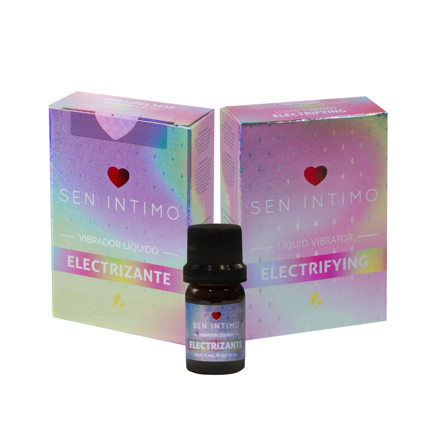 Vibrador Líquido Electrizante 5ml Sen Íntimo - dos cajas holográficas iridiscentes con frasco ámbar fondo blanco
